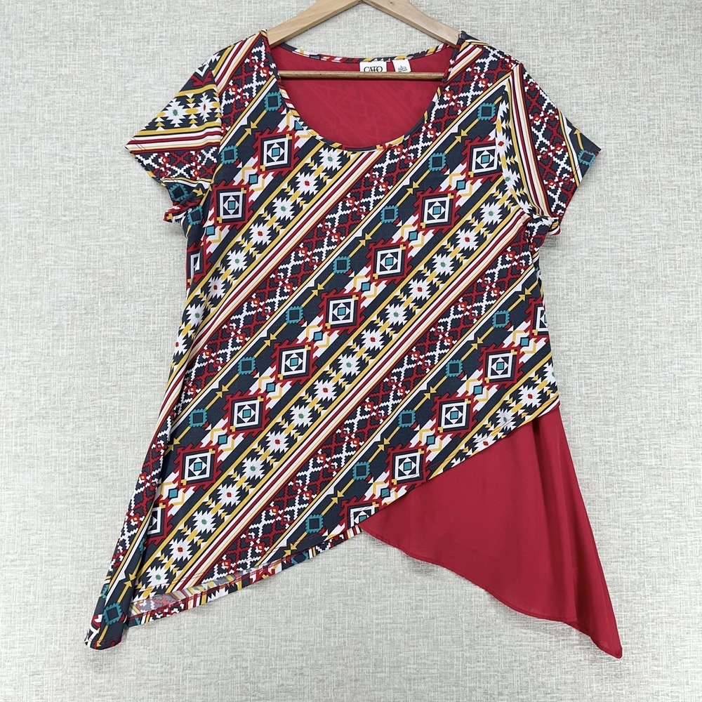 Cato Tunic Top Womens Large Multicolor Geo Print Asymmetrical Hem Short Sleeve